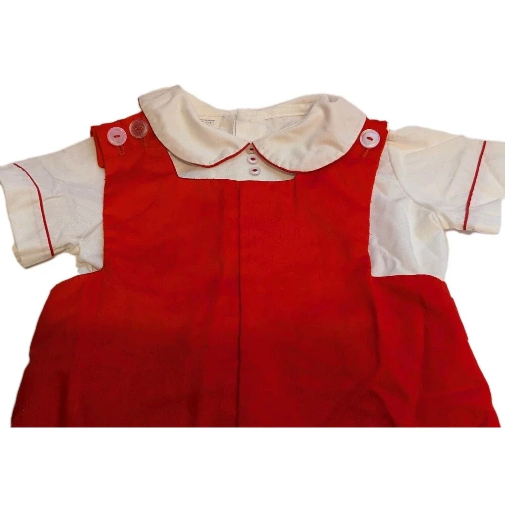 Vintage 2pcs White Collared Top & Red Overalls Outfit Scottie Dog Size 24 Months